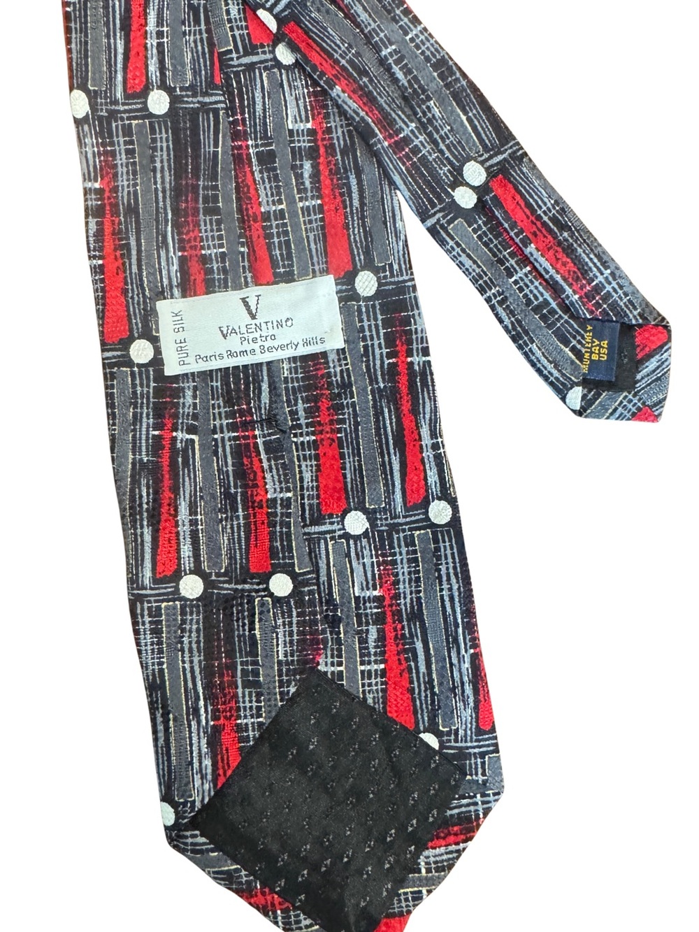 Vtg Valentino Black, Red & Gray Patterned Silk Tie